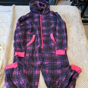 Adult Long-Sleeved Hooded Pink and Purple Flannel Pattern Onesie